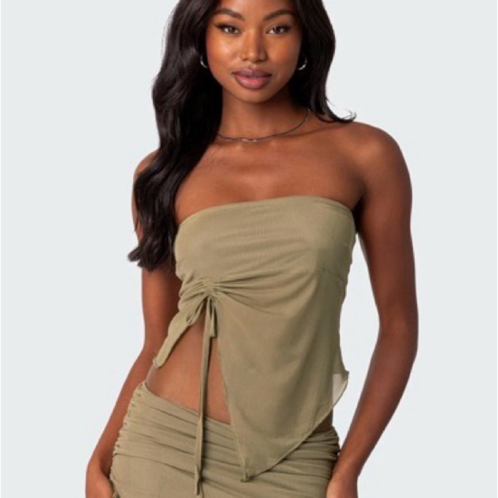 Edikted Olive Green Mesh Strapless Tube Top with Pink Logo Tag